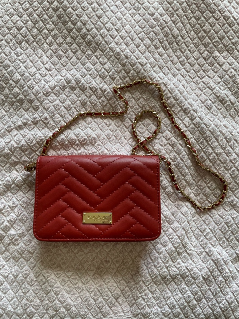 bebe Coral Red Quilted Crossbody with Gold Chain